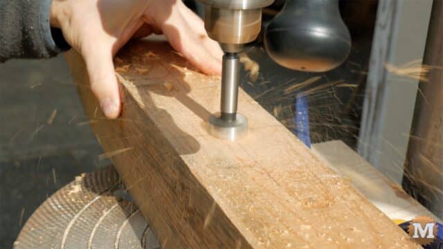 MAN about TOOLS - firewood cutting jig - supports on drill press forstner bit