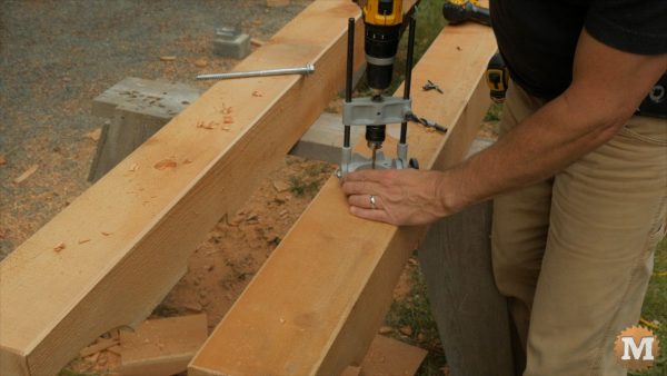 using a drill guide on a beam