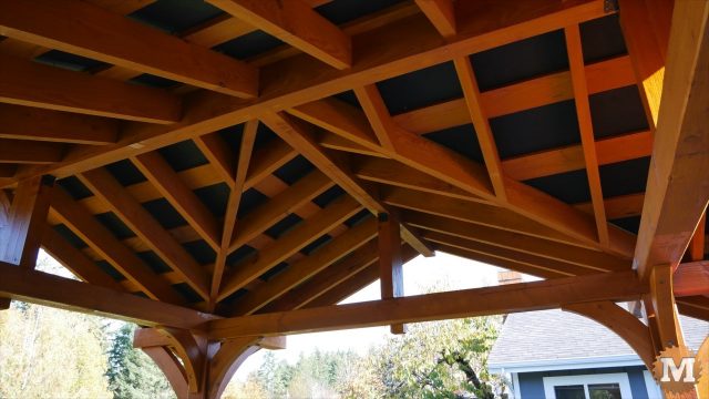 Valley and Jack rafters of the Three Gable Timber Frame style Pavilion stained