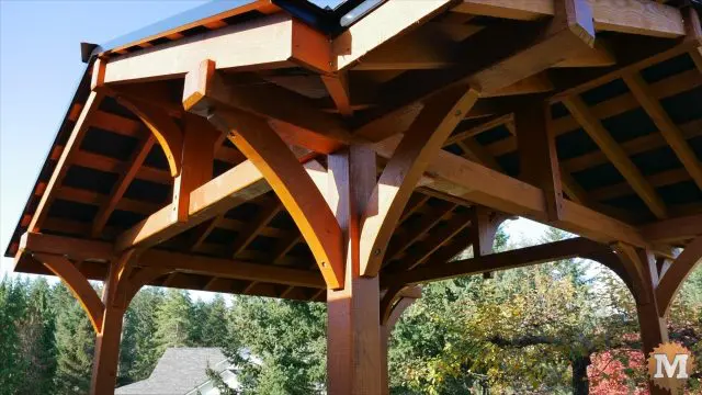 detail and underside of roof and rafters of the Three Gable Timber Frame style Pavilion