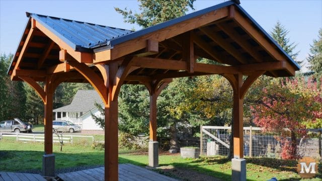 complete Three Gable Timber Frame style Pavilion with black metal roof