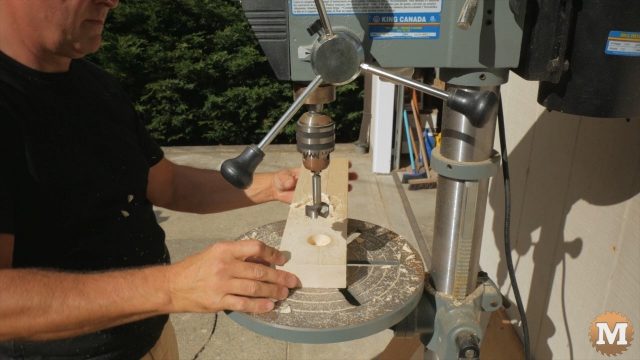 forstner bit in the drill press - making the concrete forms