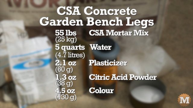 The csa concrete formula to make the garden bench legs