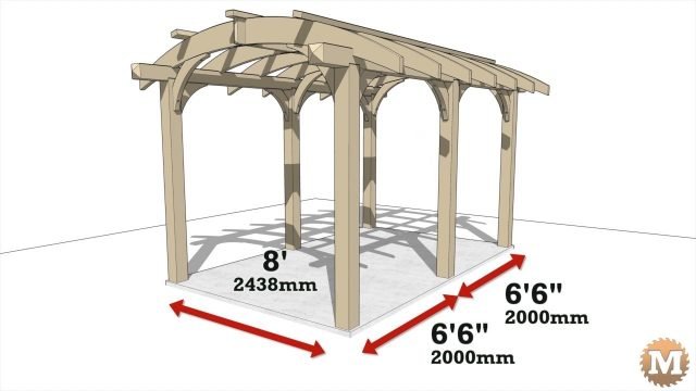 Animation of a cedar pergola designed with curved rafters and curved corner braces