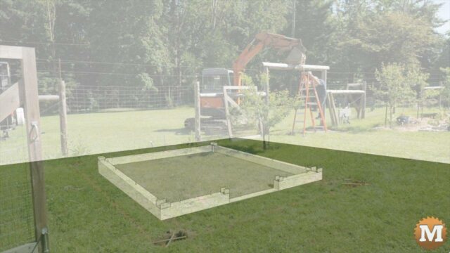 Greenhouse foundation superimposed on garden lawn