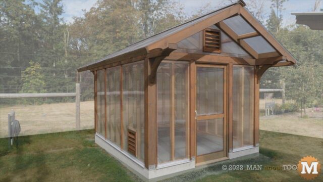 Post and Beam Greenhouse with polycarbonate glazing in a garden